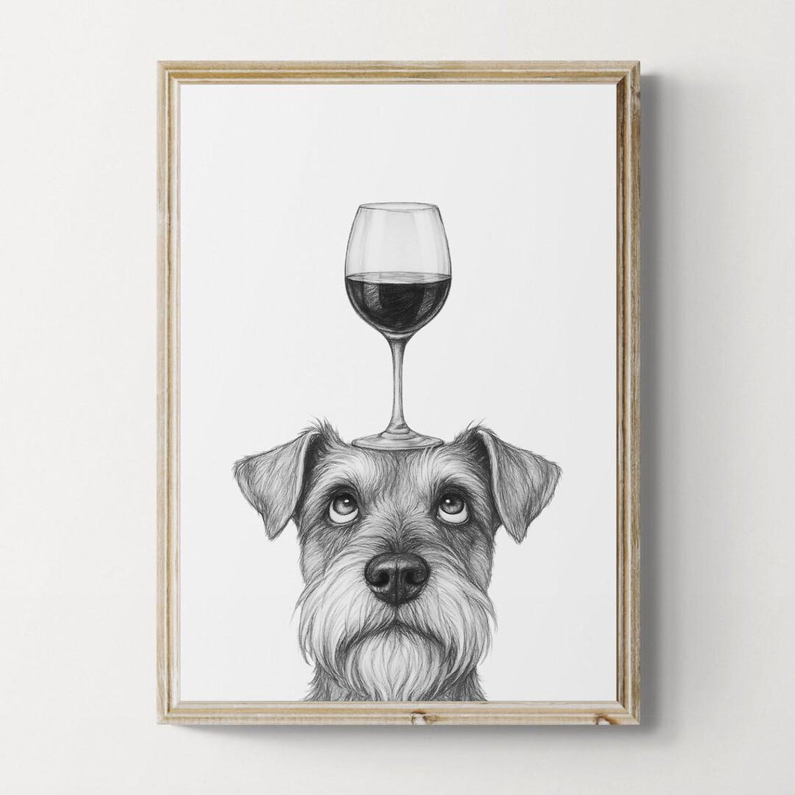 Wiry Schnauzer Balancing Red Wine Glass Pencil Sketch Poster