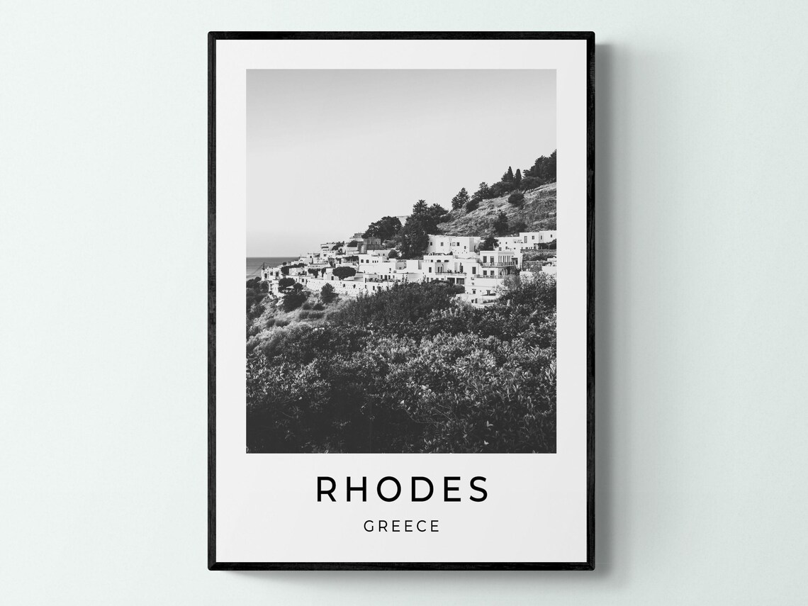 Rhodes Greece Whitewashed Hillside Village Aegean Black White Poster