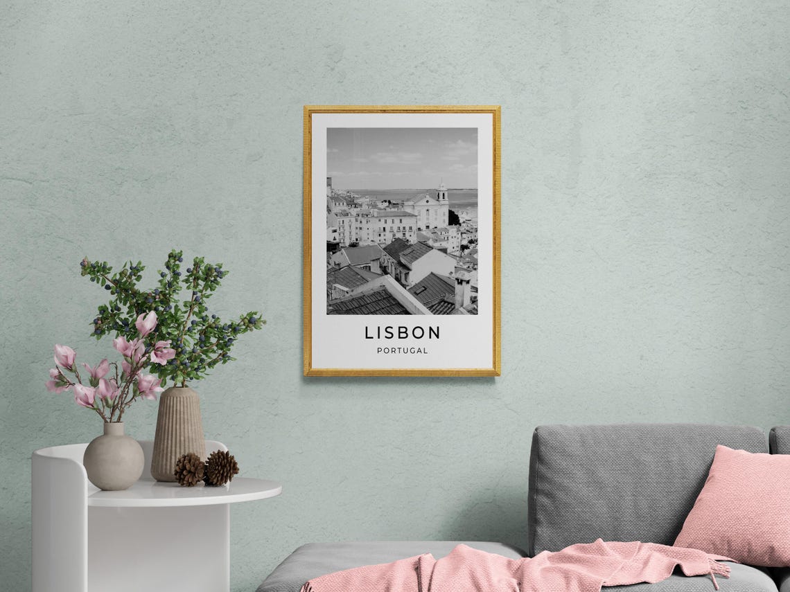 Lisbon Portugal Alfama Rooftops Tagus River View Black White Poster - Image 2