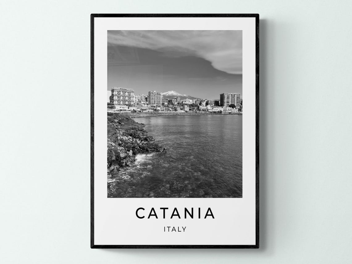 Catania Italy Mount Etna Coastline Black And White Travel Poster