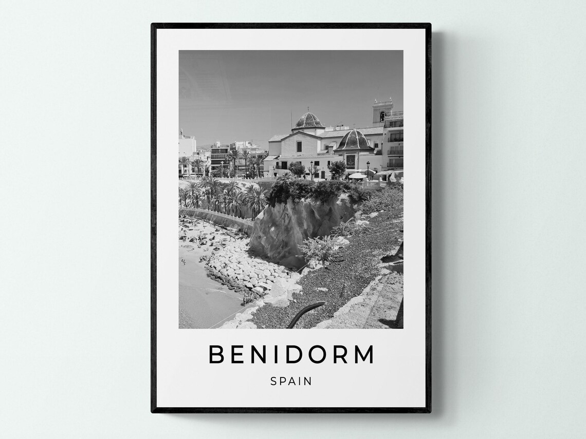 Benidorm Spain Old Town Church Cove Beach Black White Travel Poster