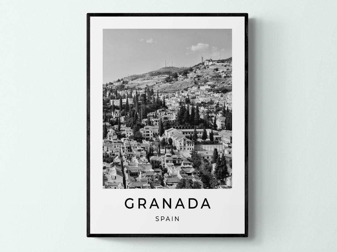 Granada Spain Old Town Hillside Rooftops Black And White Travel Poster