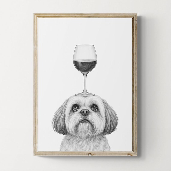 Shih Tzu Dog Art Print Funny And Wine Drawing Lover Wall Decor Lovers Gifts