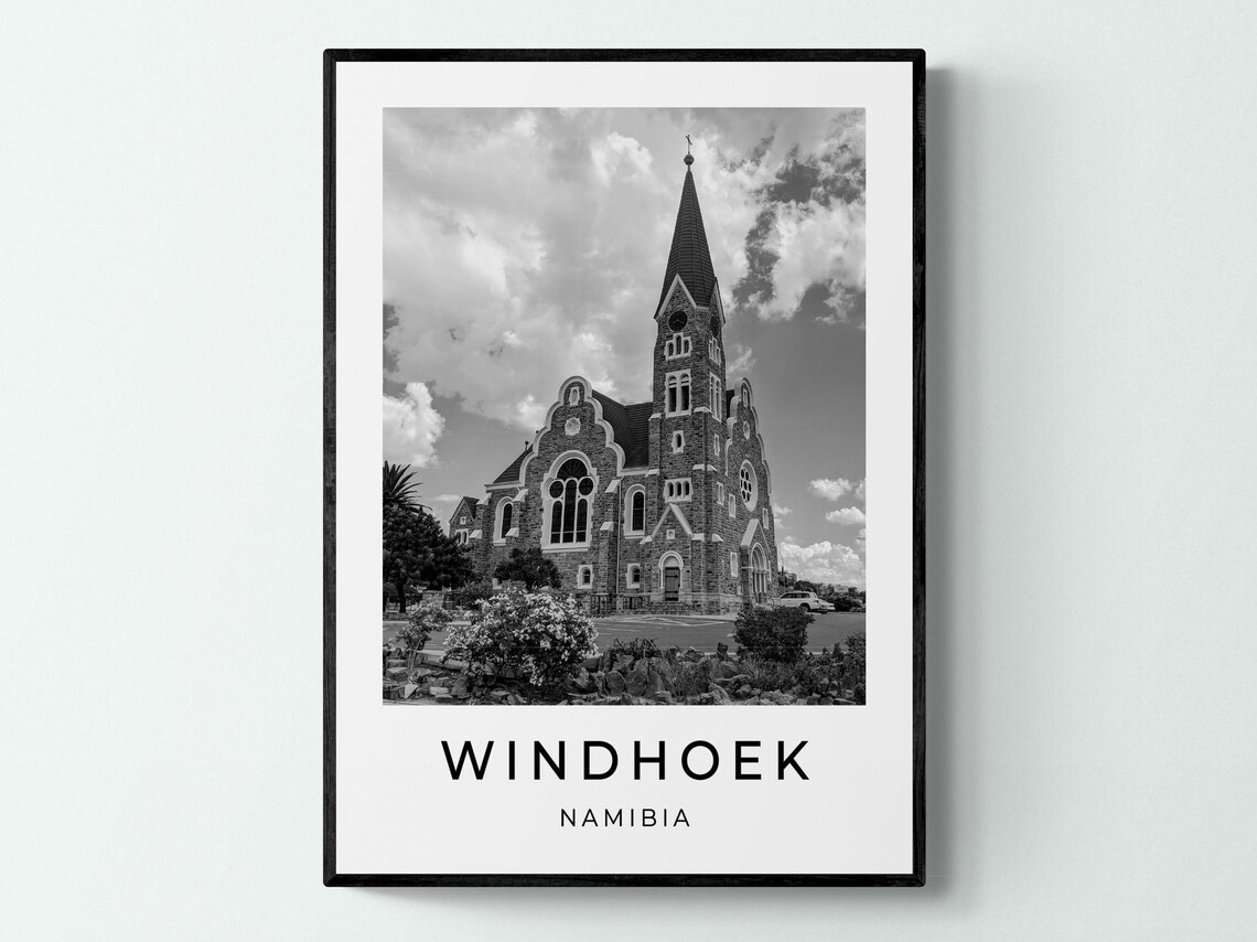 Windhoek Namibia Christ Church Stone Spire Monochrome Travel Poster