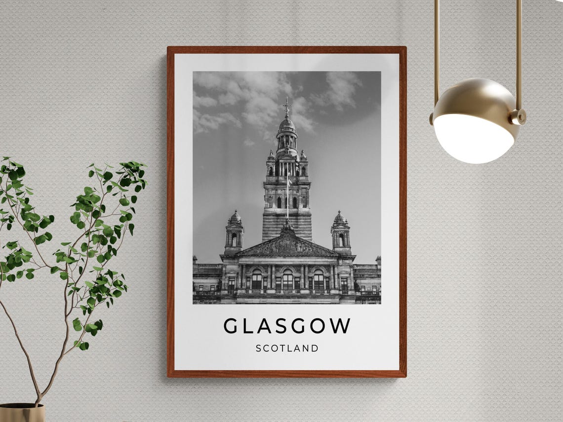 Glasgow Scotland City Chambers Historic Building Monochrome Poster - Image 3