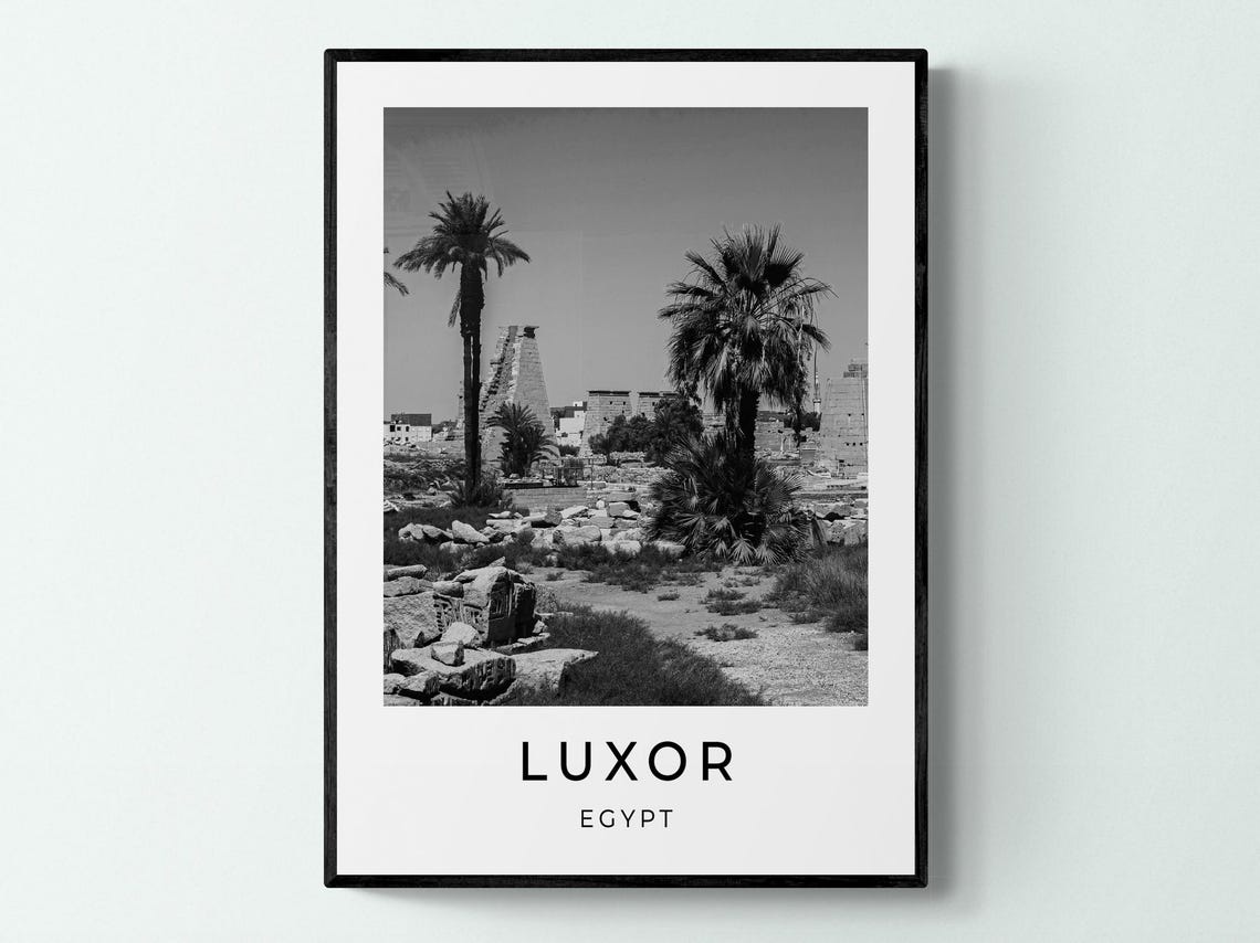Luxor Egypt Ancient Temple Obelisk Palm Ruins Monochrome Travel Poster