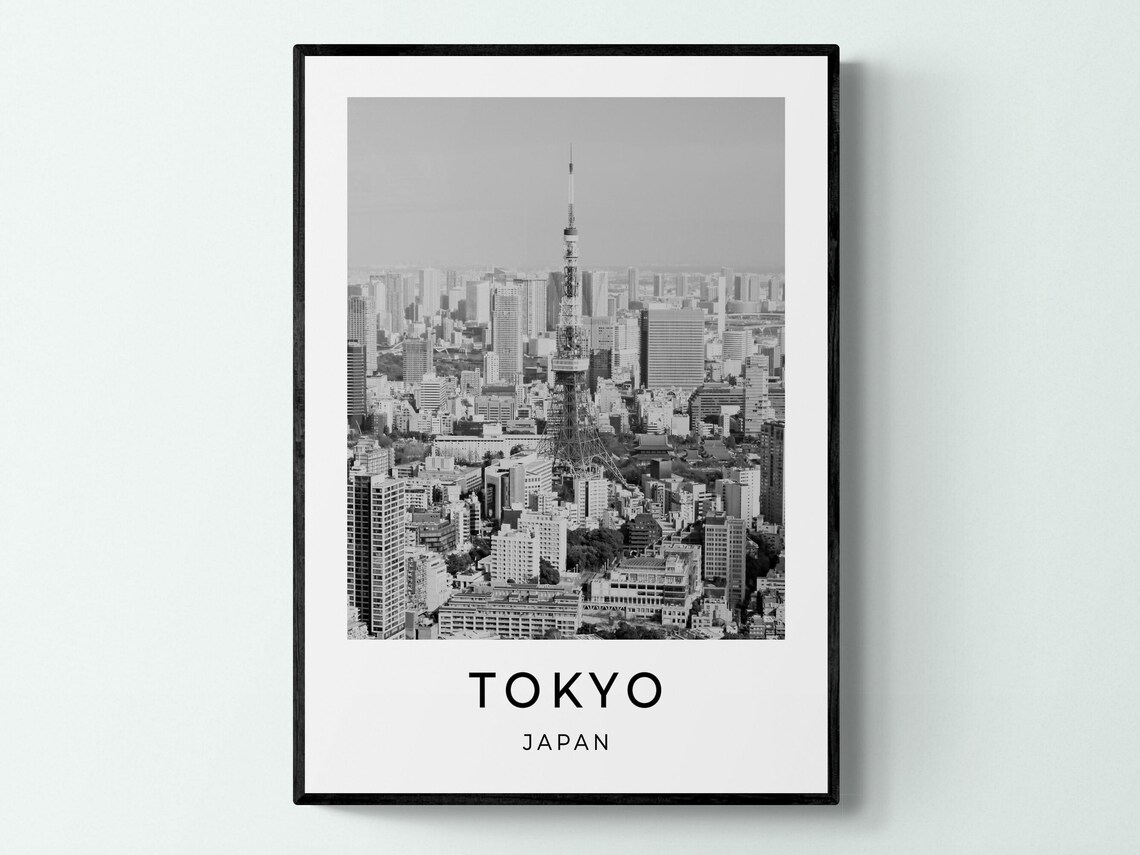 Tokyo Japan Tokyo Tower Skyline Black White Aerial Travel Poster