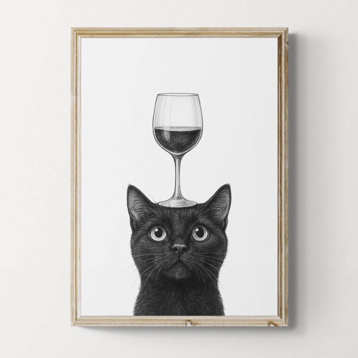 Black Cat Art Print Funny And Wine Drawing Lover Wall Decor Lovers Gifts