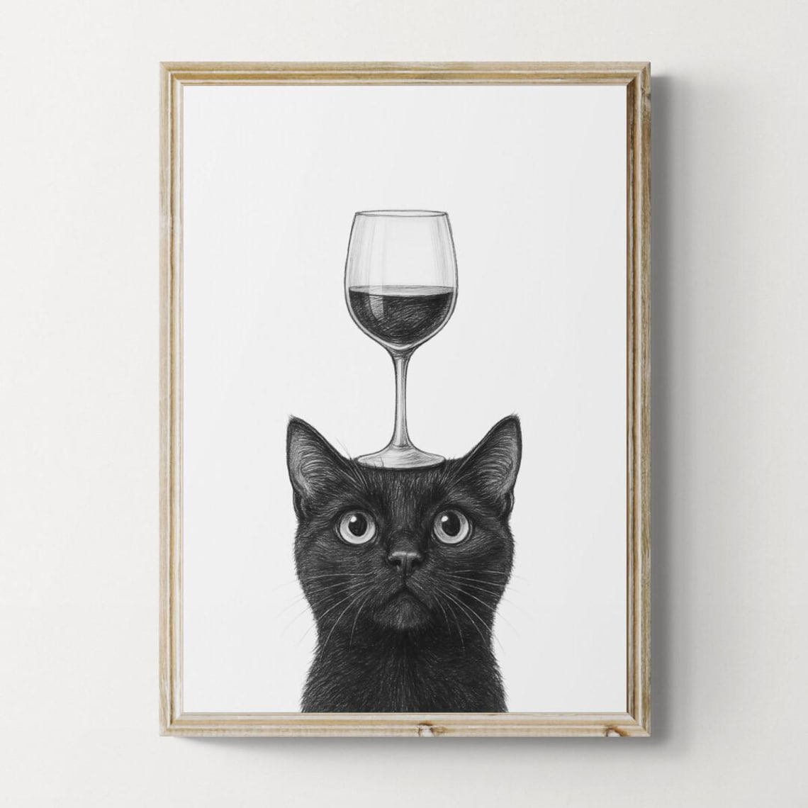 Black Cat Balancing Red Wine Glass Adorable Funny Sketch Poster