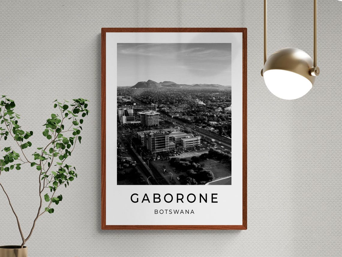 Gaborone Botswana Aerial City Skyline Mountain View Black White Poster - Image 3