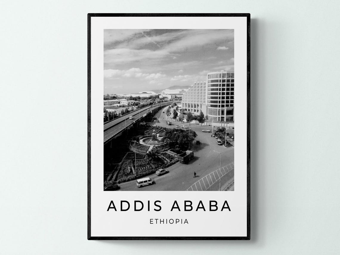 Addis Ababa Ethiopia City Street Skyline Black White Travel Poster