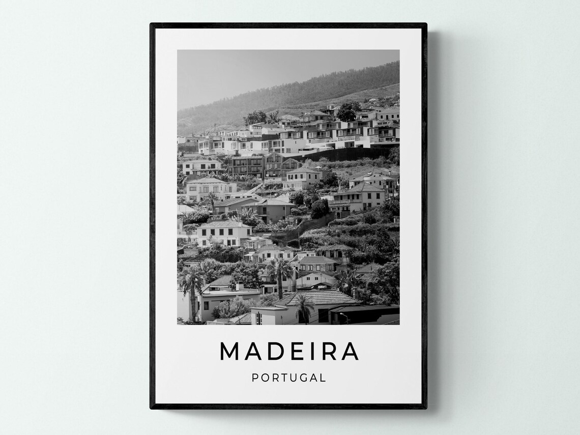 Madeira Portugal Hillside Village Terraced Houses Monochrome Poster