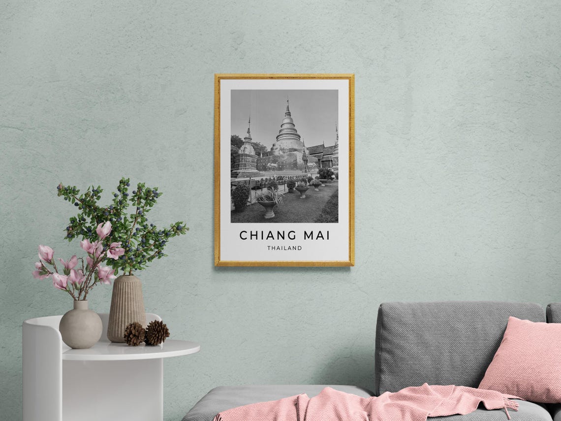 Chiang Mai Thailand Temple Tiered Chedi Stupa Monochrome Travel Poster - Image 2