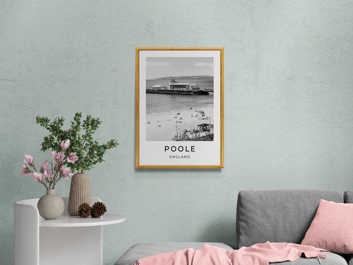Poole England Beach Pier Sand And Sea Monochrome Travel Poster - Image 2
