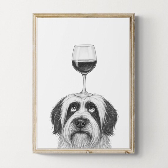 Tibetan Terrier Dog Art Print Funny And Wine Drawing Lover Wall Decor Lovers Gifts
