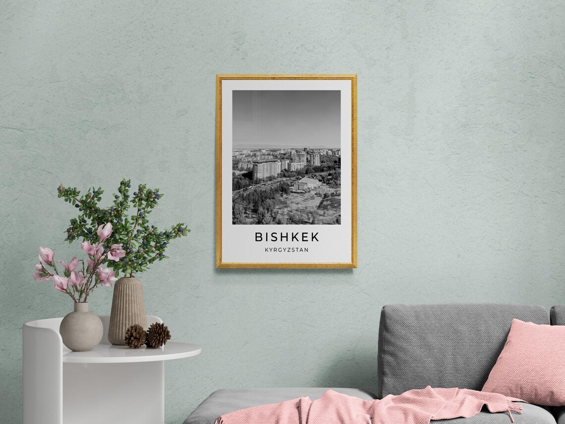 Bishkek Kyrgyzstan City Skyline Mountain Backdrop Monochrome Poster - Image 2