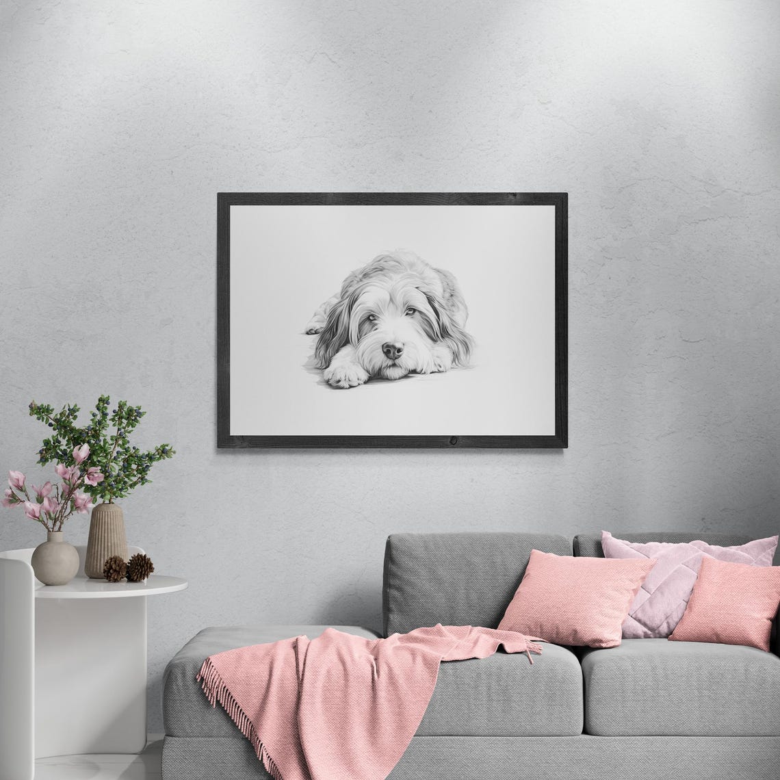Bearded Collie Flowing Coat Sketch Lying Down Vintage Dog Poster - Image 3
