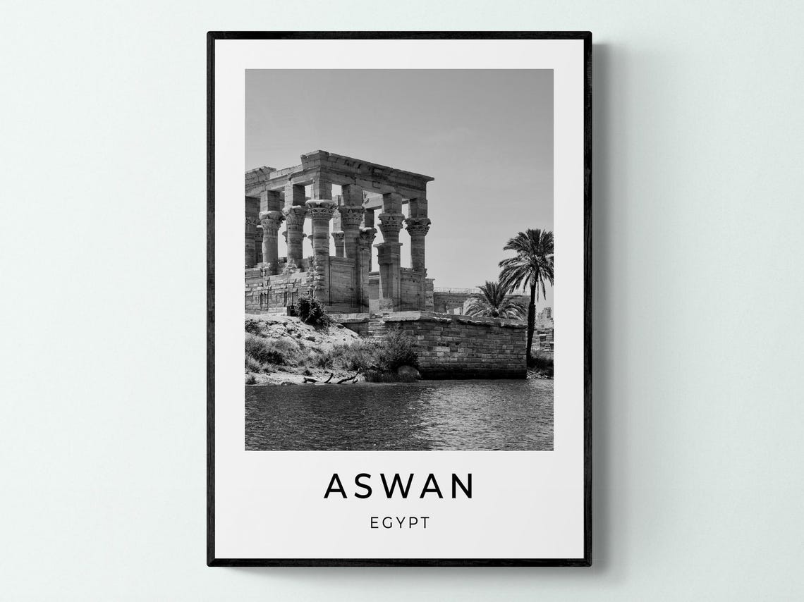 Aswan Egypt Ancient Nile Temple Colonnade Monochrome Travel Poster