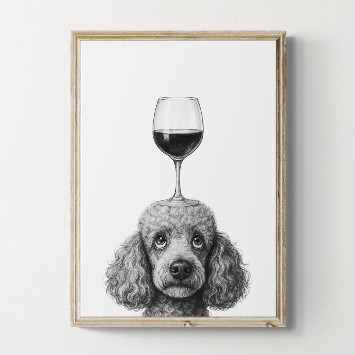 Poodle Balancing Red Wine Glass Cute Pencil Sketch Decor Poster