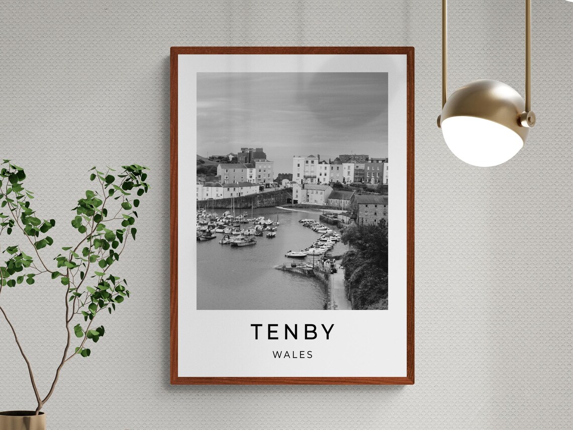 Tenby Wales Harbor Boats Pastel Terrace Houses Seaside View Poster - Image 3