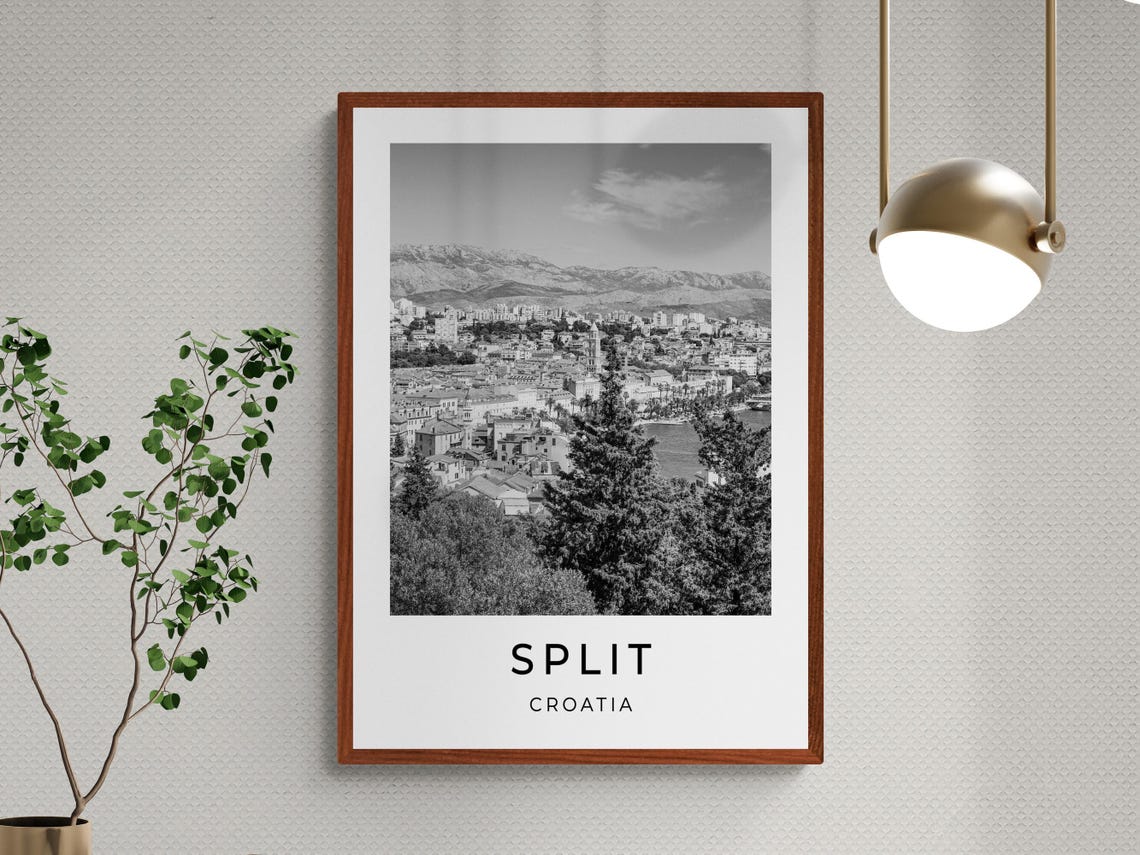 Split Croatia Old Town Harbour Mountain View Monochrome Travel Poster - Image 3
