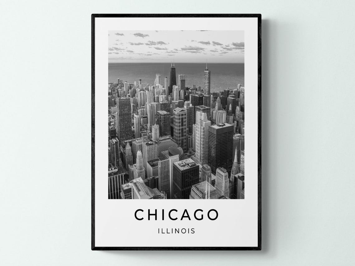 Chicago Illinois Aerial Skyline Lake Michigan Black White Poster
