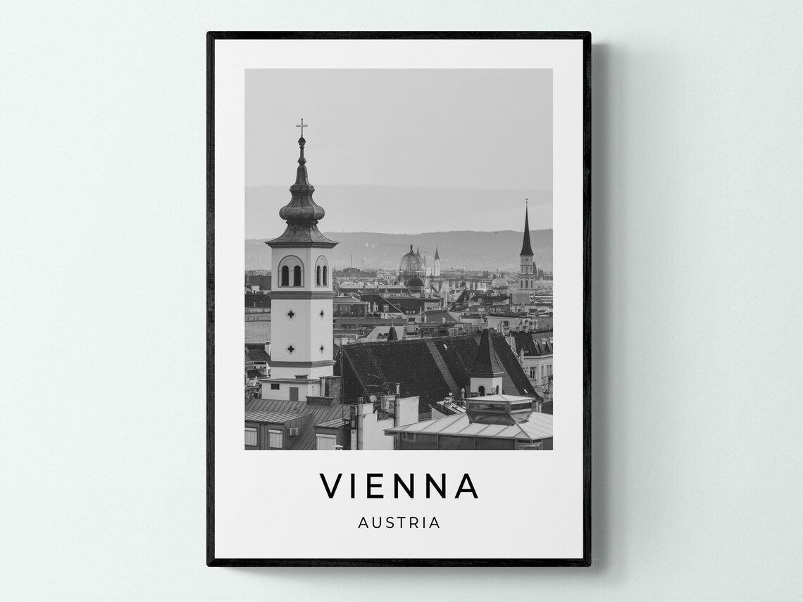 Vienna Austria Old Town Rooftops Church Spire Monochrome Travel Poster