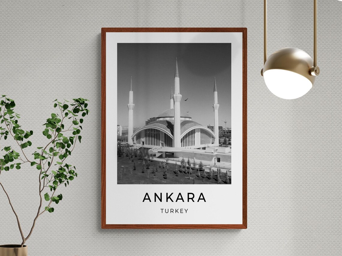 Ankara Turkey Modern Grand Mosque Minarets Monochrome Travel Poster - Image 3