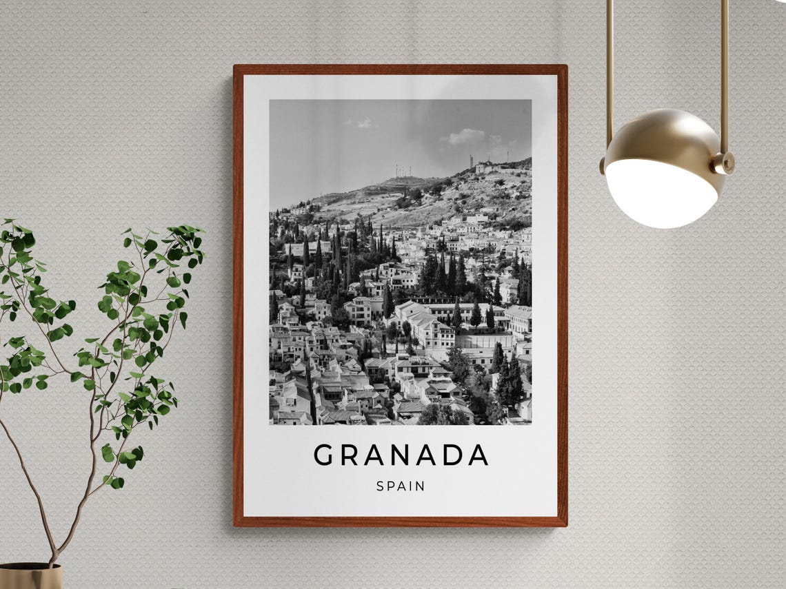 Granada Spain Old Town Hillside Rooftops Black And White Travel Poster - Image 3