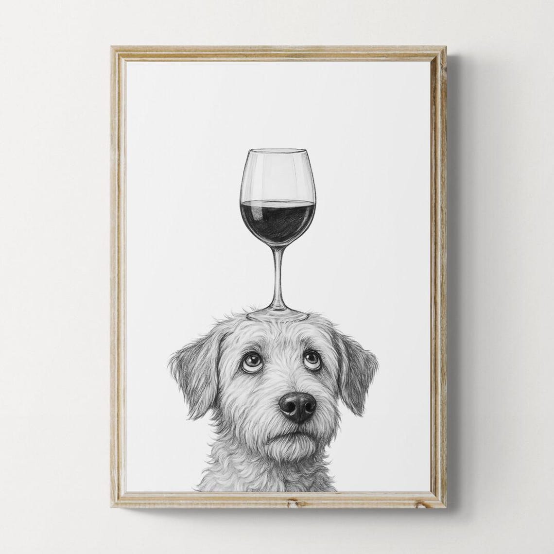 Jackapoo Dog Balancing Red Wine Glass Funny Pencil Art Poster