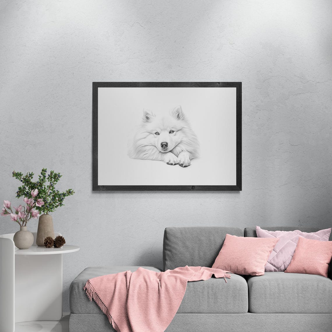 Samoyed Puppy Lying Down Cute Pencil Sketch Farmhouse Dog Print - Image 3