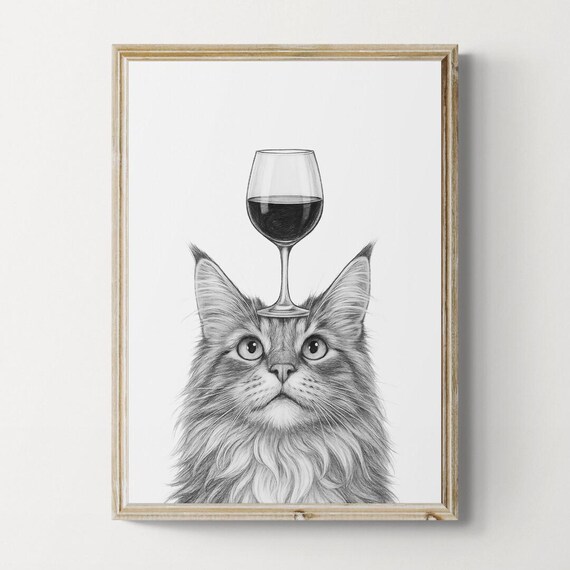 Maine Coon Cat Art Print Funny And Wine Drawing Lover Wall Decor Lovers Gifts