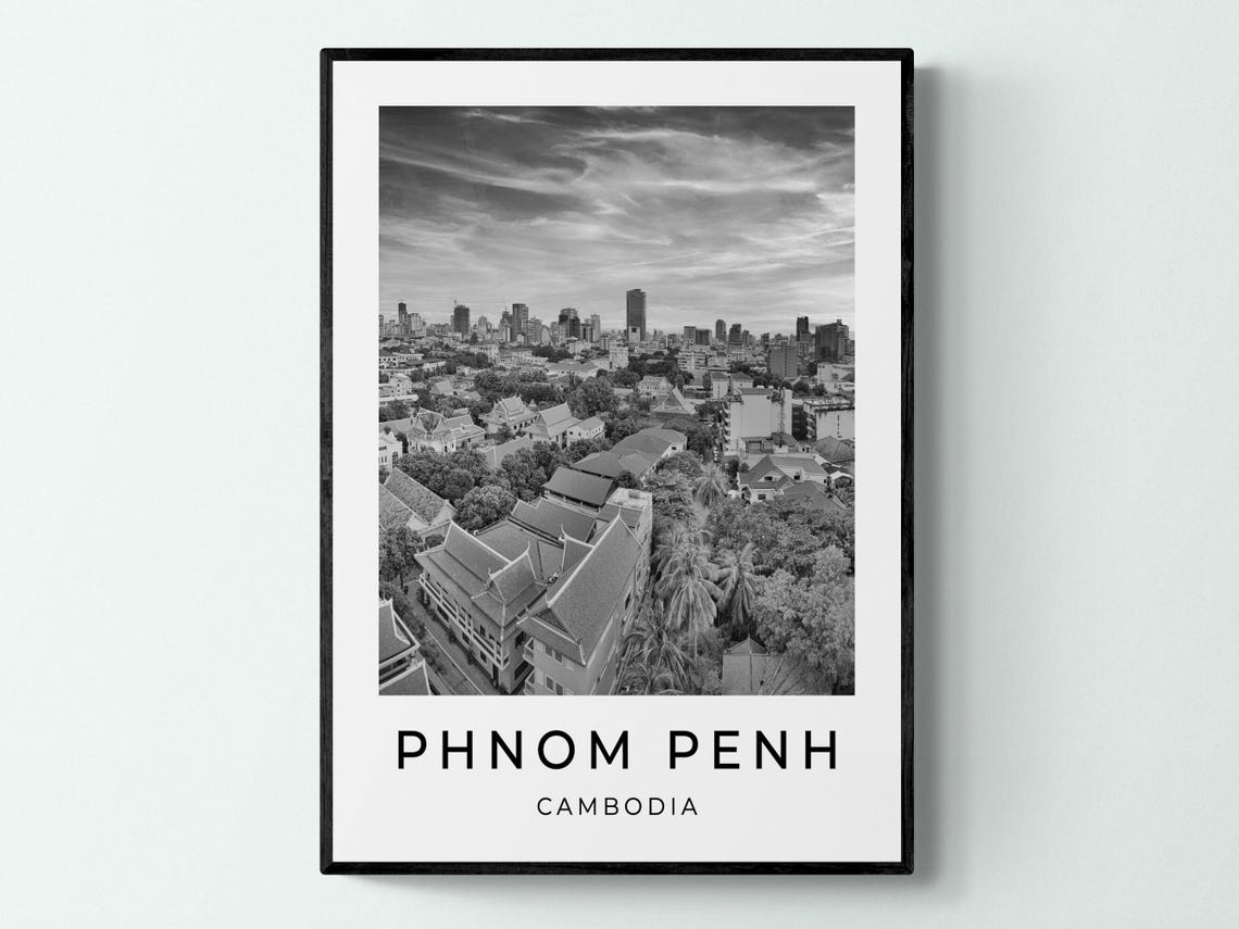 Phnom Penh Cambodia City Skyline Black And White Monochrome Poster