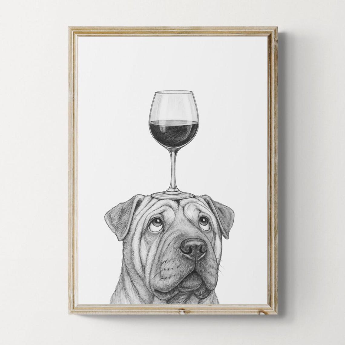 Shar Pei Balancing Red Wine Glass Wrinkly Dog Sketch Gift Poster
