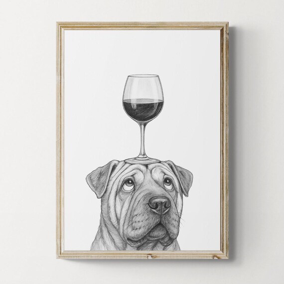 Shar Pei Dog Art Print Funny And Wine Drawing Lover Wall Decor Lovers Gifts