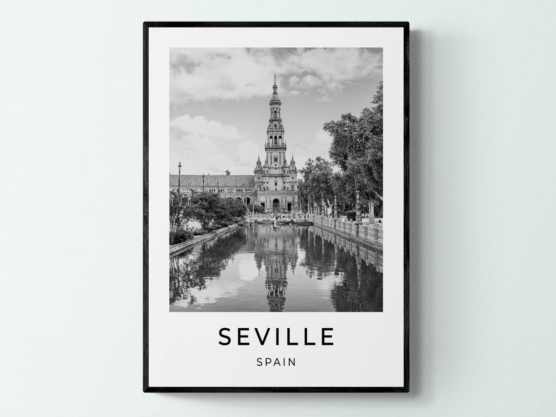 Seville Spain Plaza de Espana Canal Reflection Black White Poster