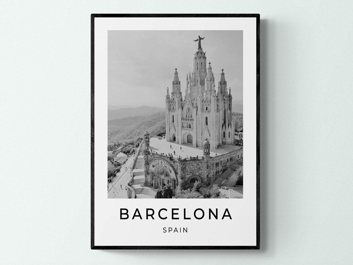 Barcelona Spain Tibidabo Sacred Heart Church Black White Travel Poster