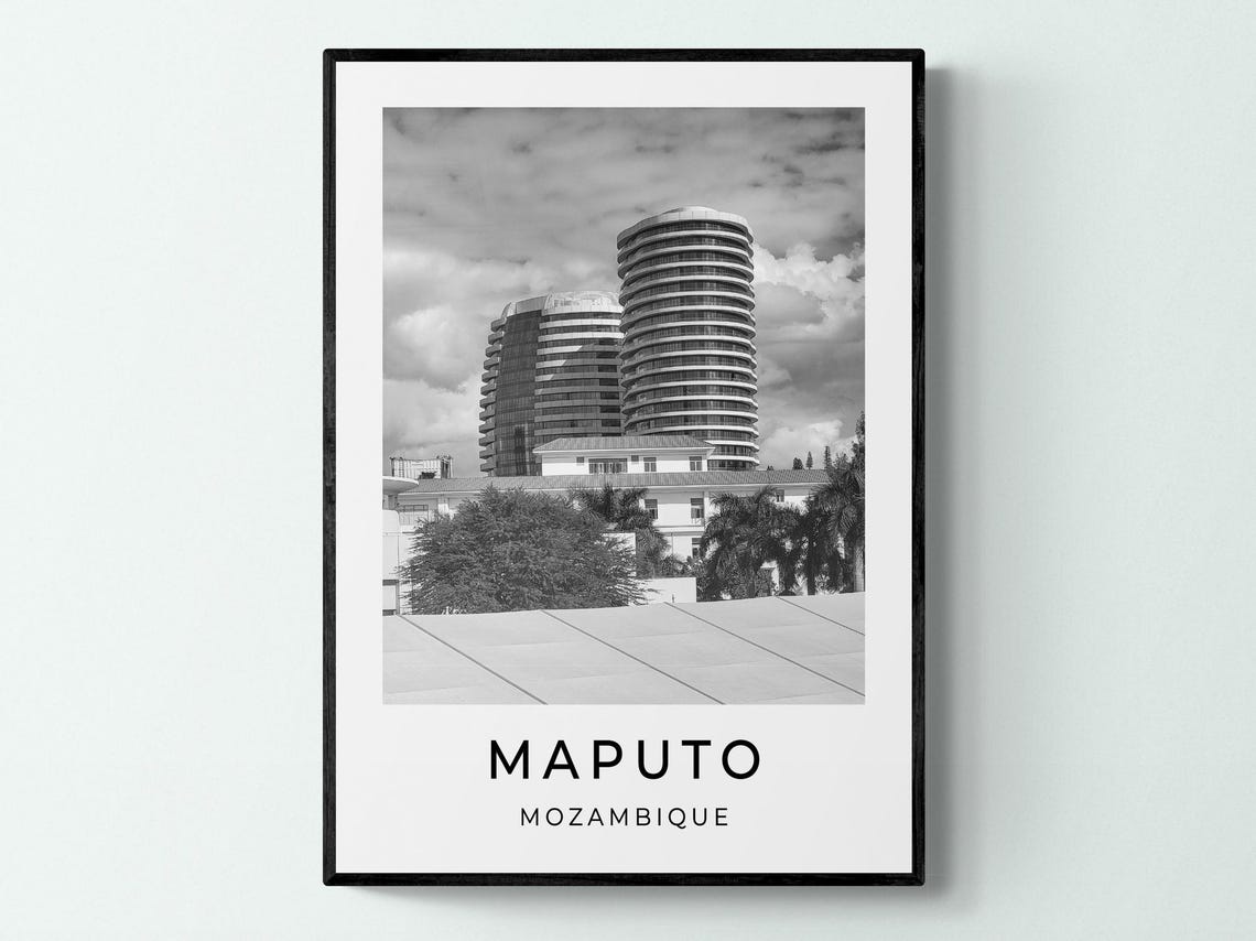 Maputo Mozambique Curved Twin Towers Black White Travel Poster