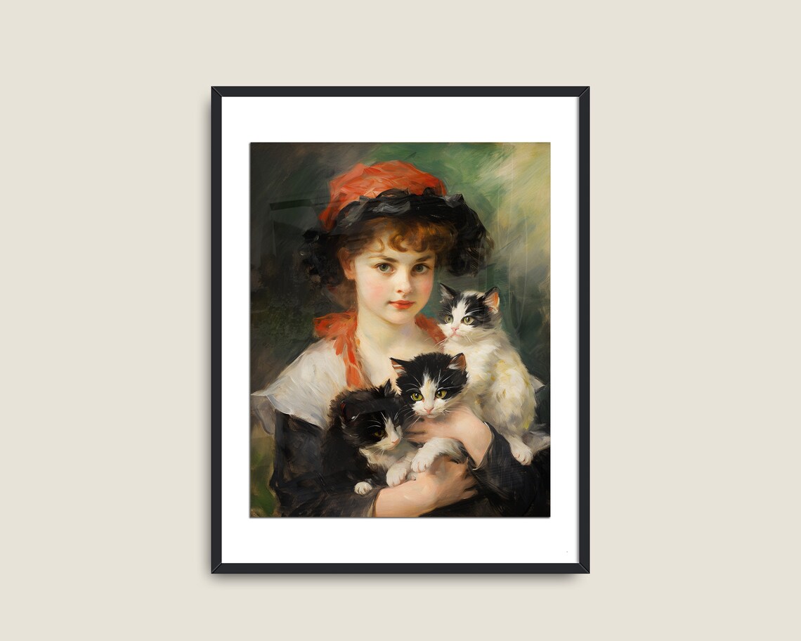 Girl Holding Three Kittens Vintage Portrait Antique Cat Painting Poster - Image 2