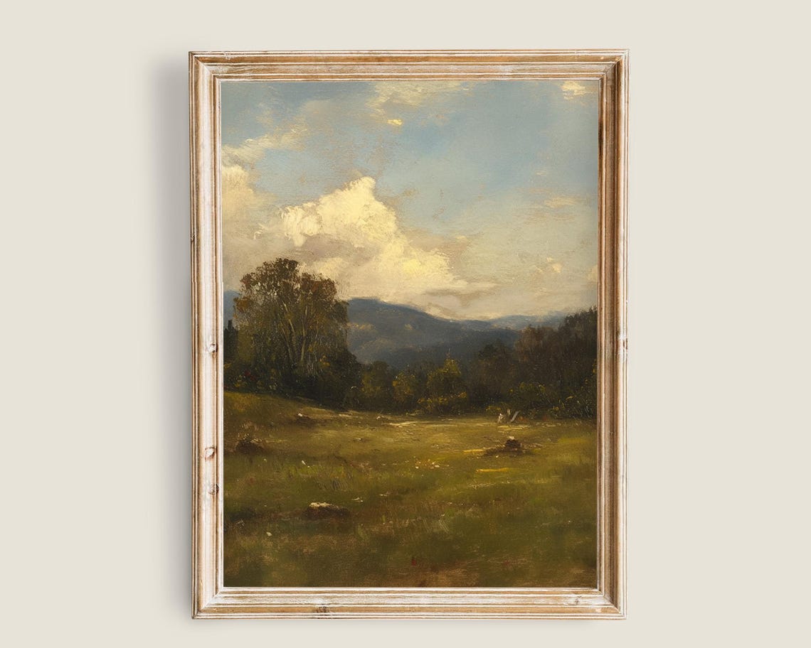 Sunlit Meadow Mountain Valley Cloudy Sky Vintage Landscape Poster