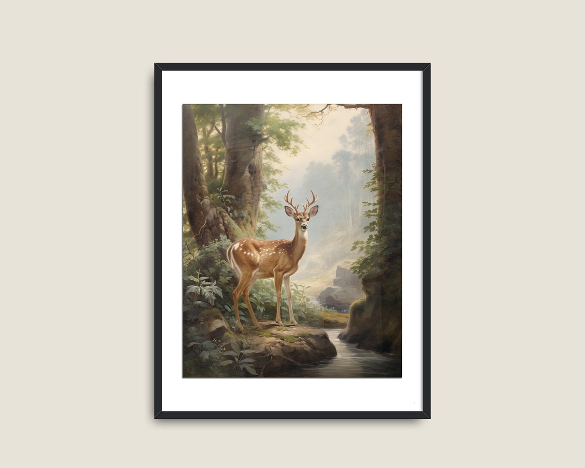 Deer Landscape Vintage Wall Art Nature Cute Woods Art White Tail Deer Painting Light Academia Decor Art - Image 2