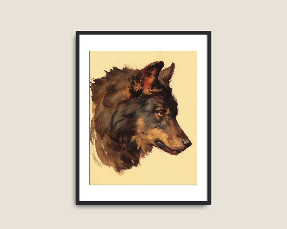Gray Wolf Head Profile Vintage Wildlife Painting Warm Brown Animal Art Poster - Image 2