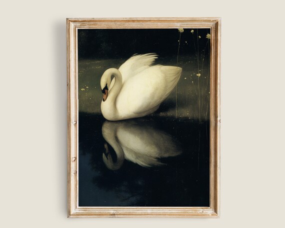 Vintage Swan Print Swam In A Lake Vintage Moody Night Landscape Painting Dark Cottagecore Victorian Goth Print