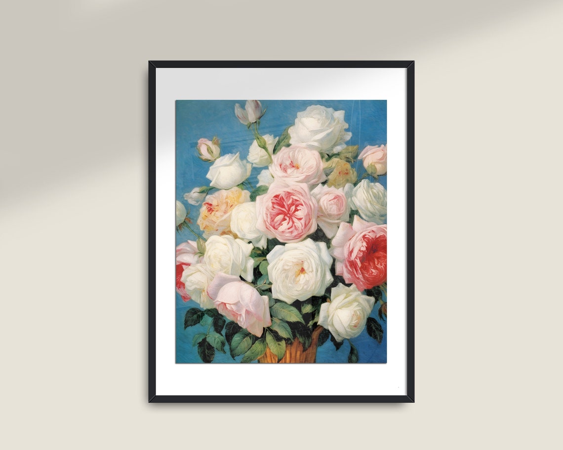White Pink Roses Bouquet Still Life Botanical Floral Wall Art Poster - Image 2