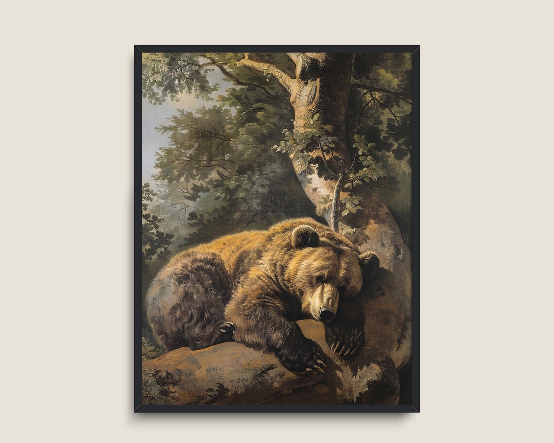 Brown Bear Resting Forest Tree Vintage Oil Painting Wildlife Art Poster - Image 3