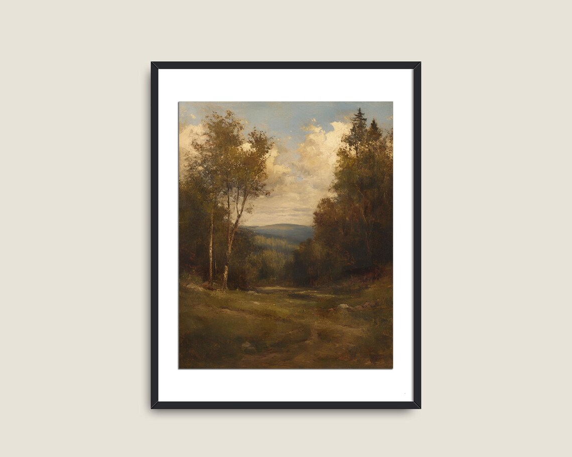 Moody Autumn Forest Valley Vintage Dark Landscape Painting Poster - Image 2