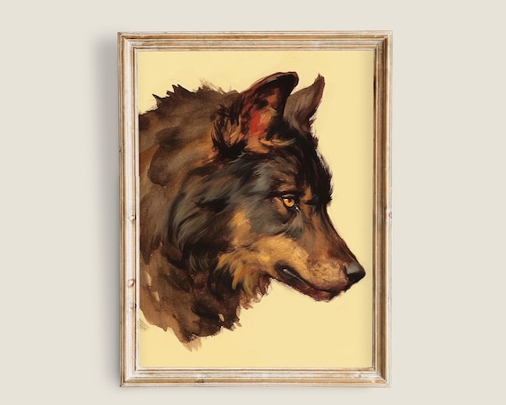 Gray Wolf Head Profile Vintage Wildlife Painting Warm Brown Animal Art Poster