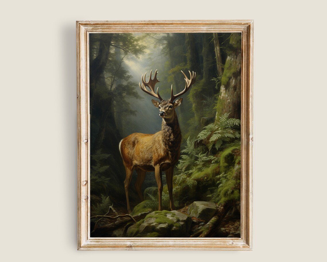 Deer Elk Vintage Art Print, Dark Academia Decor
