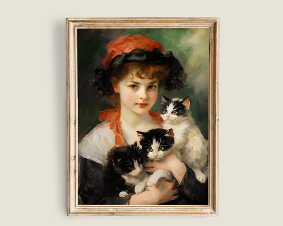 Girl Holding Three Kittens Vintage Portrait Antique Cat Painting Poster