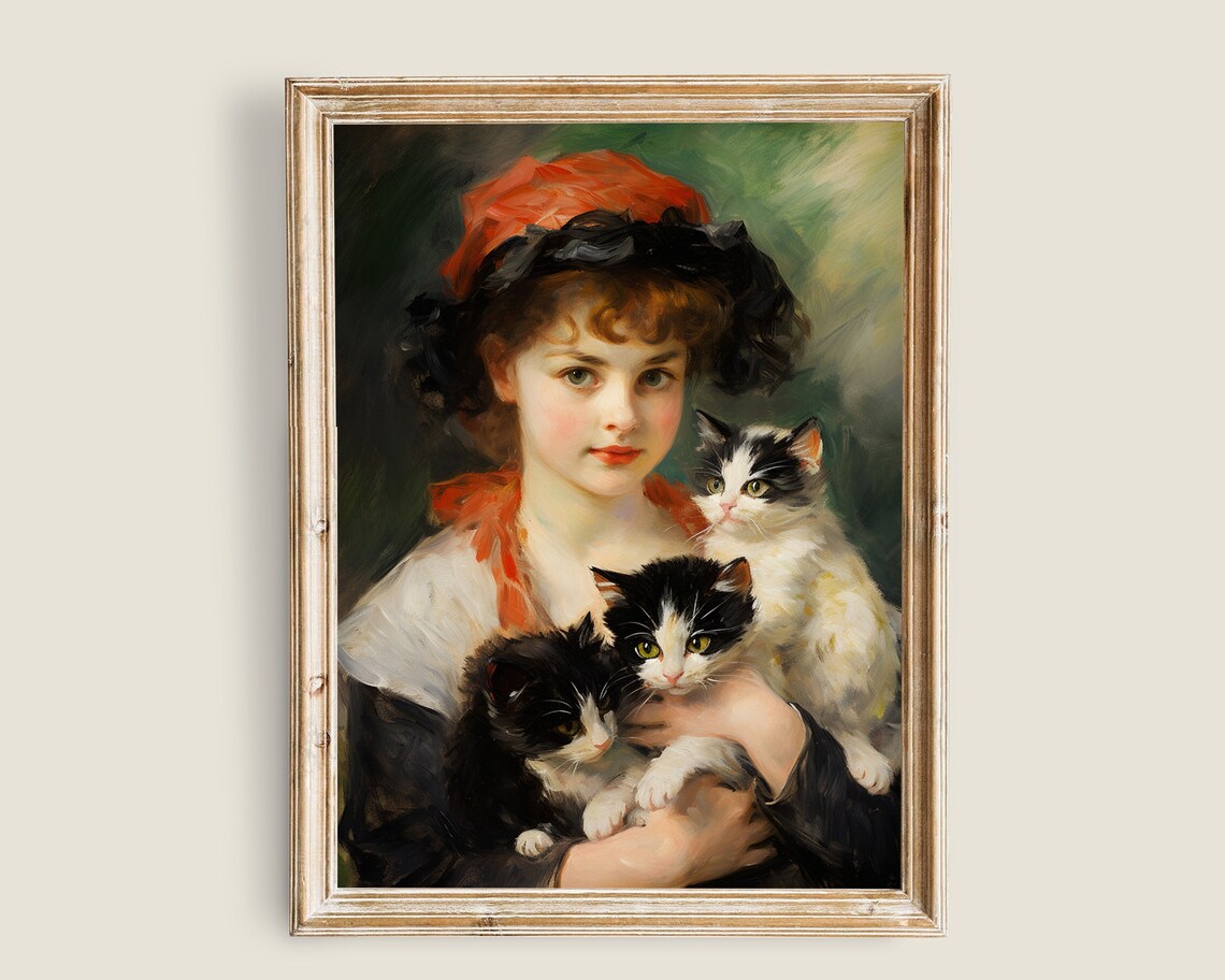 Woman With Cats Vintage Painting Light Academia Decor Antique Print Cats Wall Art Wall Art Girl Portrait Print